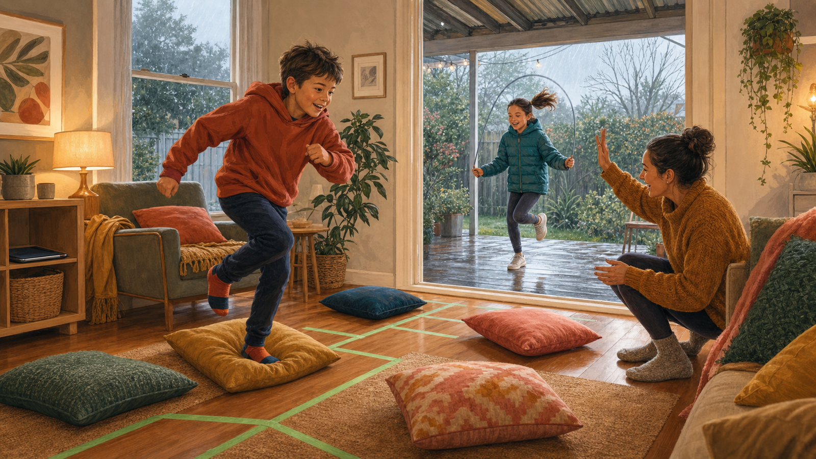 Children playing an indoor movement game and skipping under a covered patio on a rainy winter afternoon