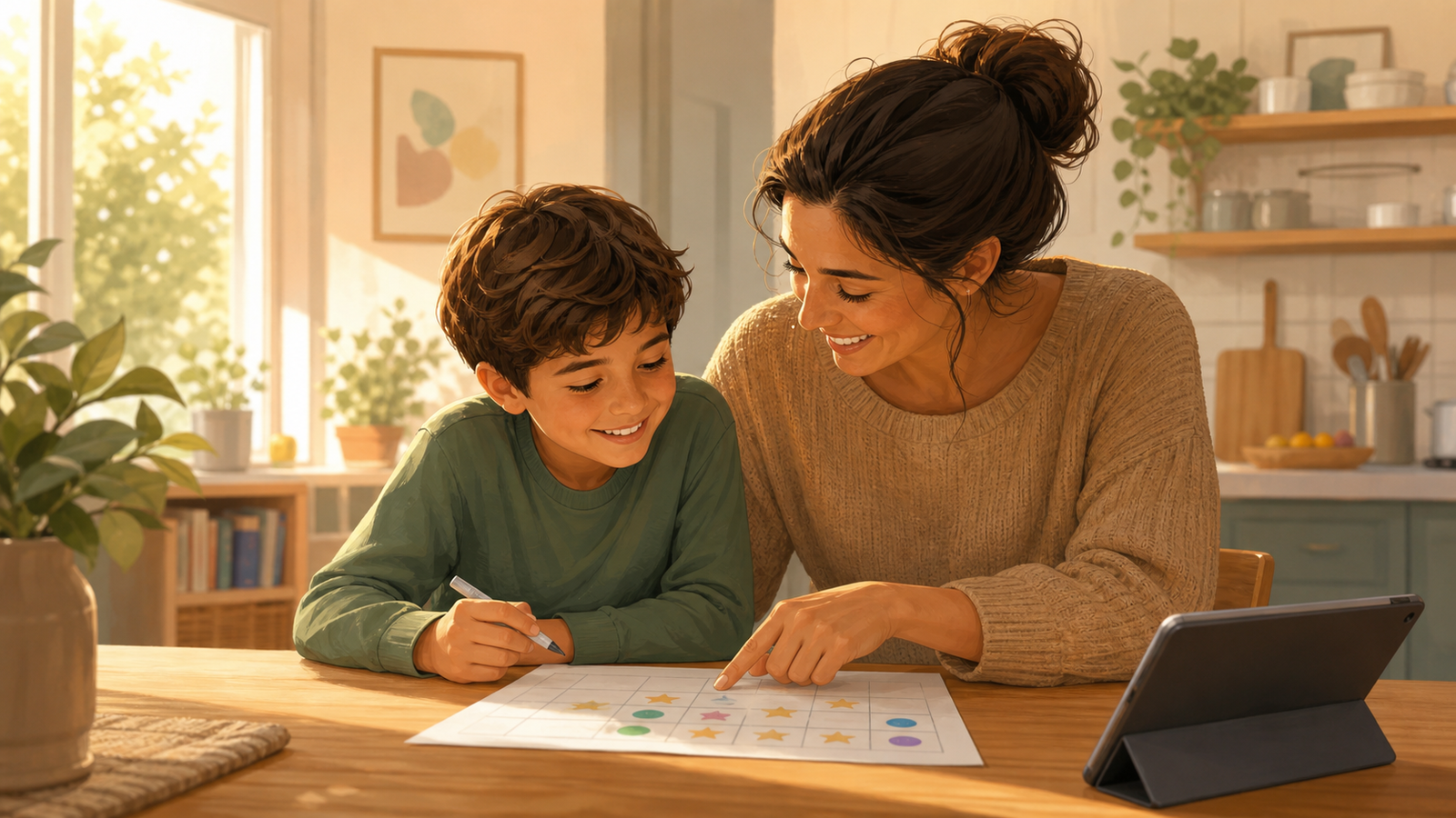 Parent and child calmly reviewing a reward chart together at a kitchen table