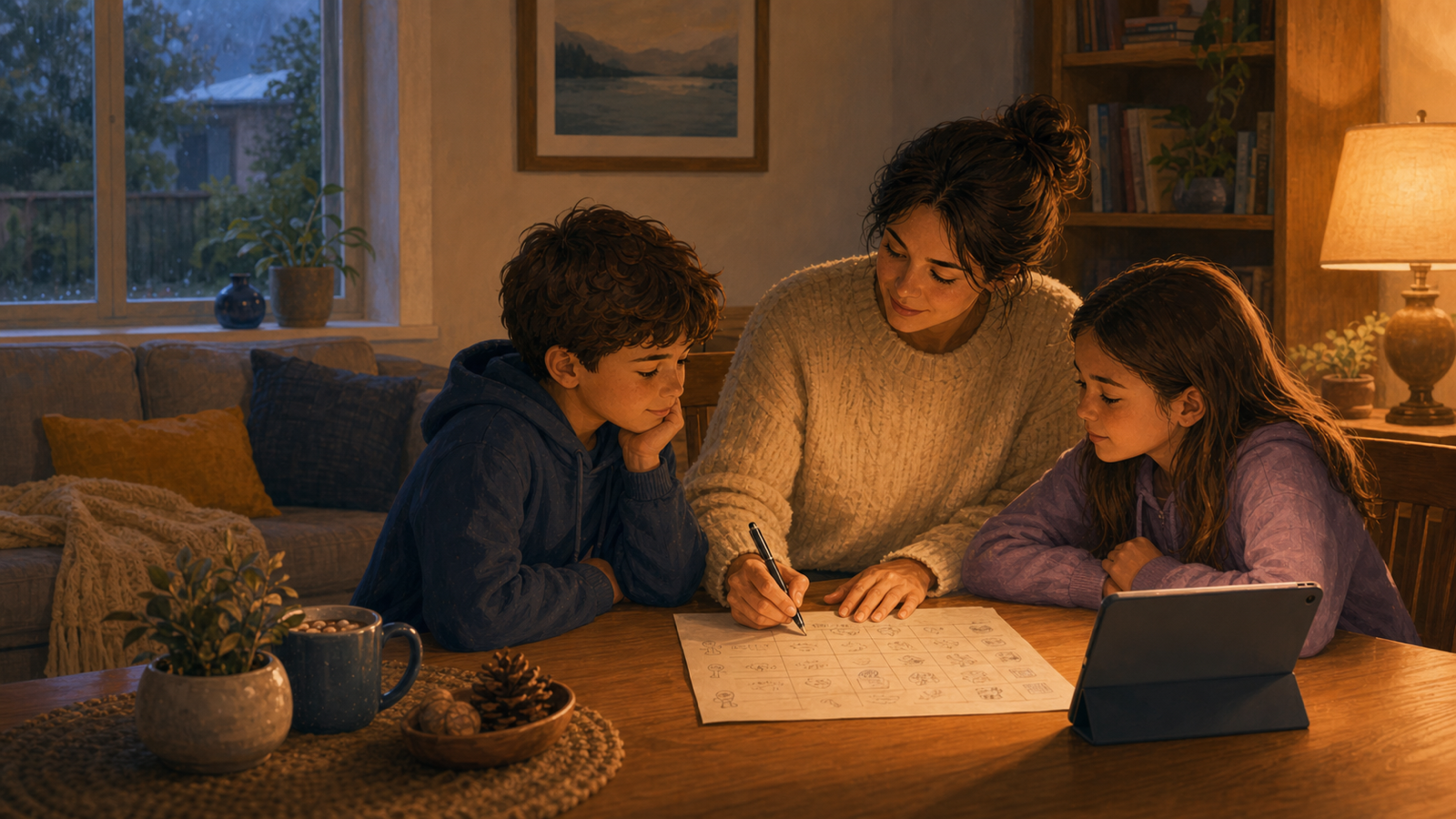 A winter living room with a holiday checklist, tablet, and cocoa mug representing a calmer school holiday screen time plan