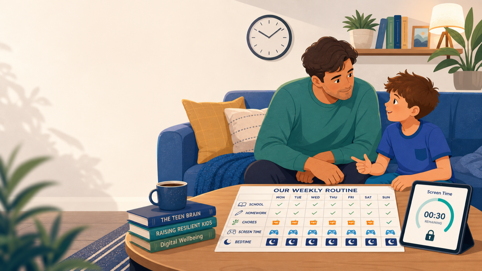 Parent and child planning weekly screen time and chores together