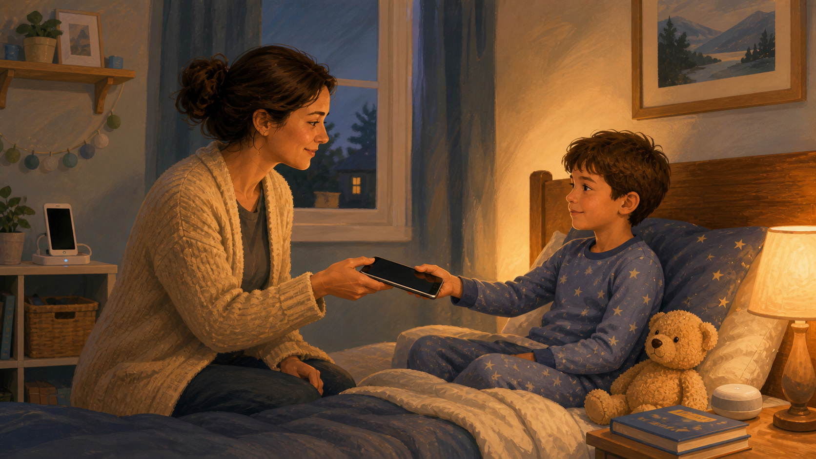 Parent collecting a tablet from a child at bedtime in a calm bedroom scene