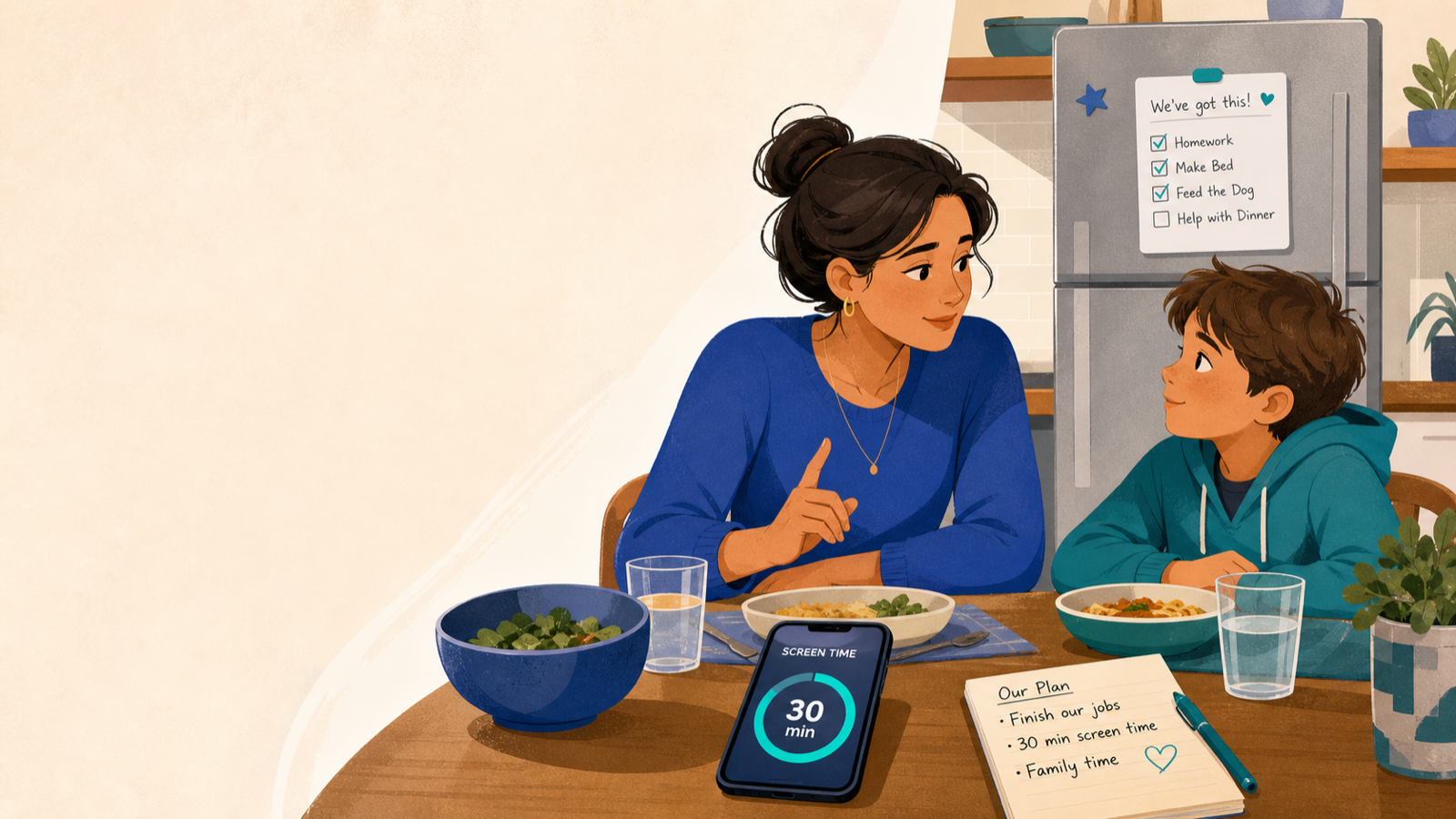 Parent and child discussing screen time rules at home