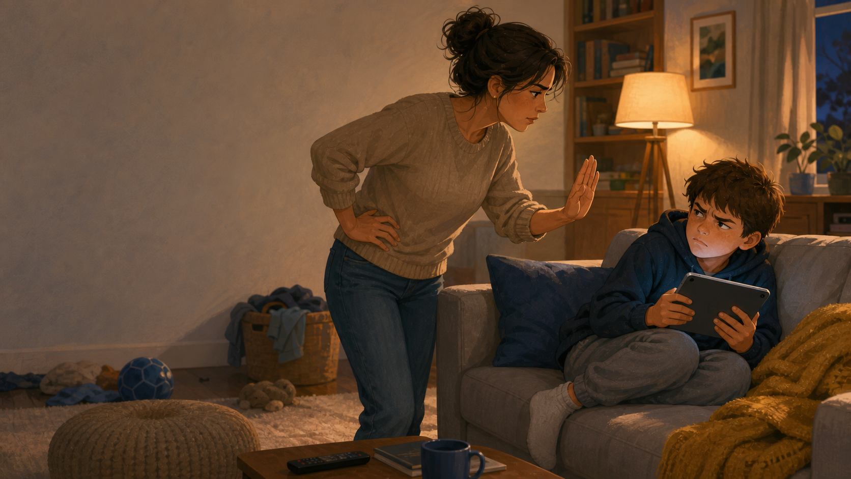 Parent and child in a tense screen time standoff in a living room