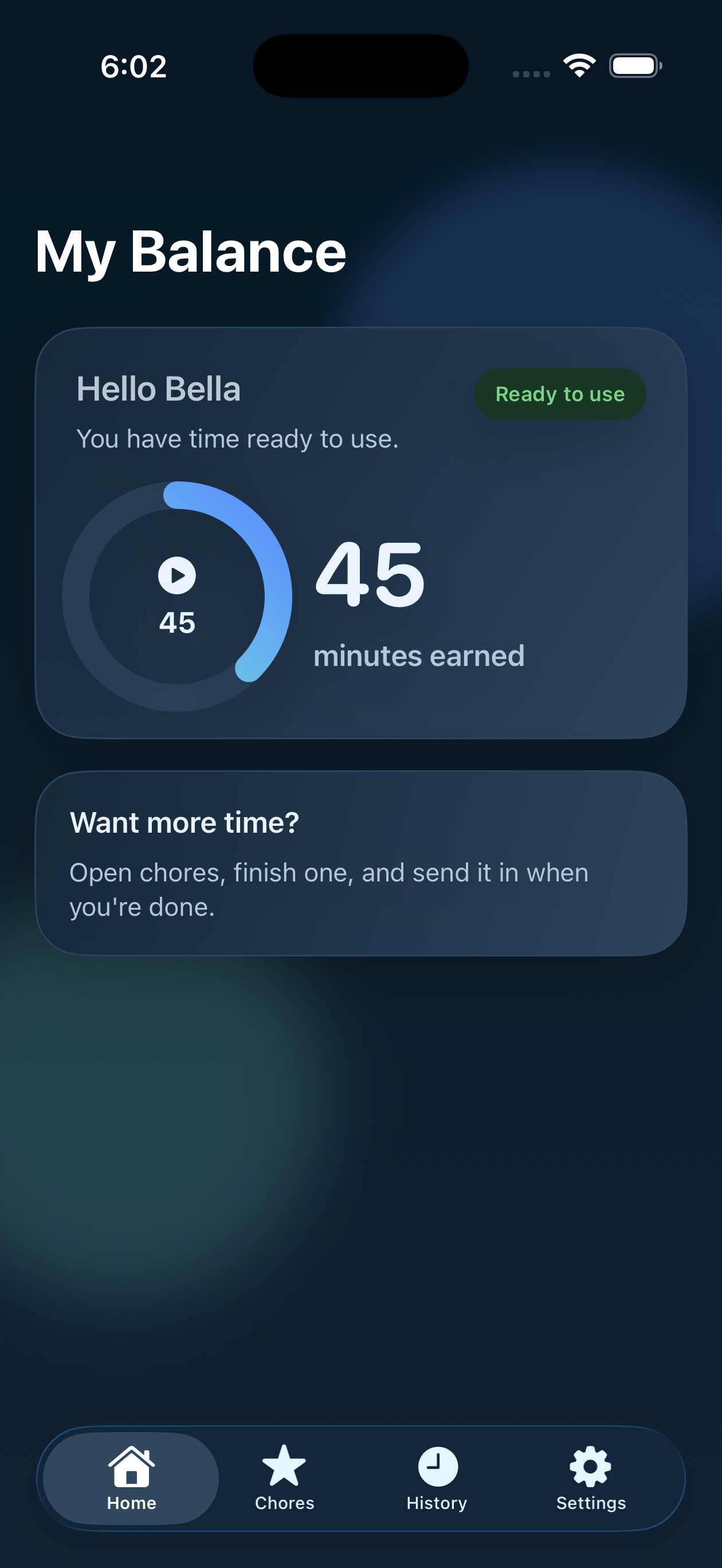 ScreenRewards child home screen showing balance